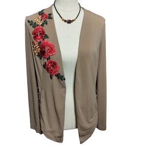 2782)Gianni Bini Kelly Brown  Embroidered Floral Applique Open Front Jacket Sz M